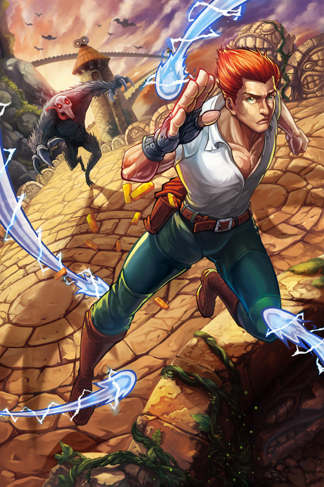 1boy, 1other, animal, chasing, demon, foreshortening, gandoufu, guy dangerous, male focus, monkey, monster, orange hair, running, sky, temple, temple run, tongue, tongue out, tower