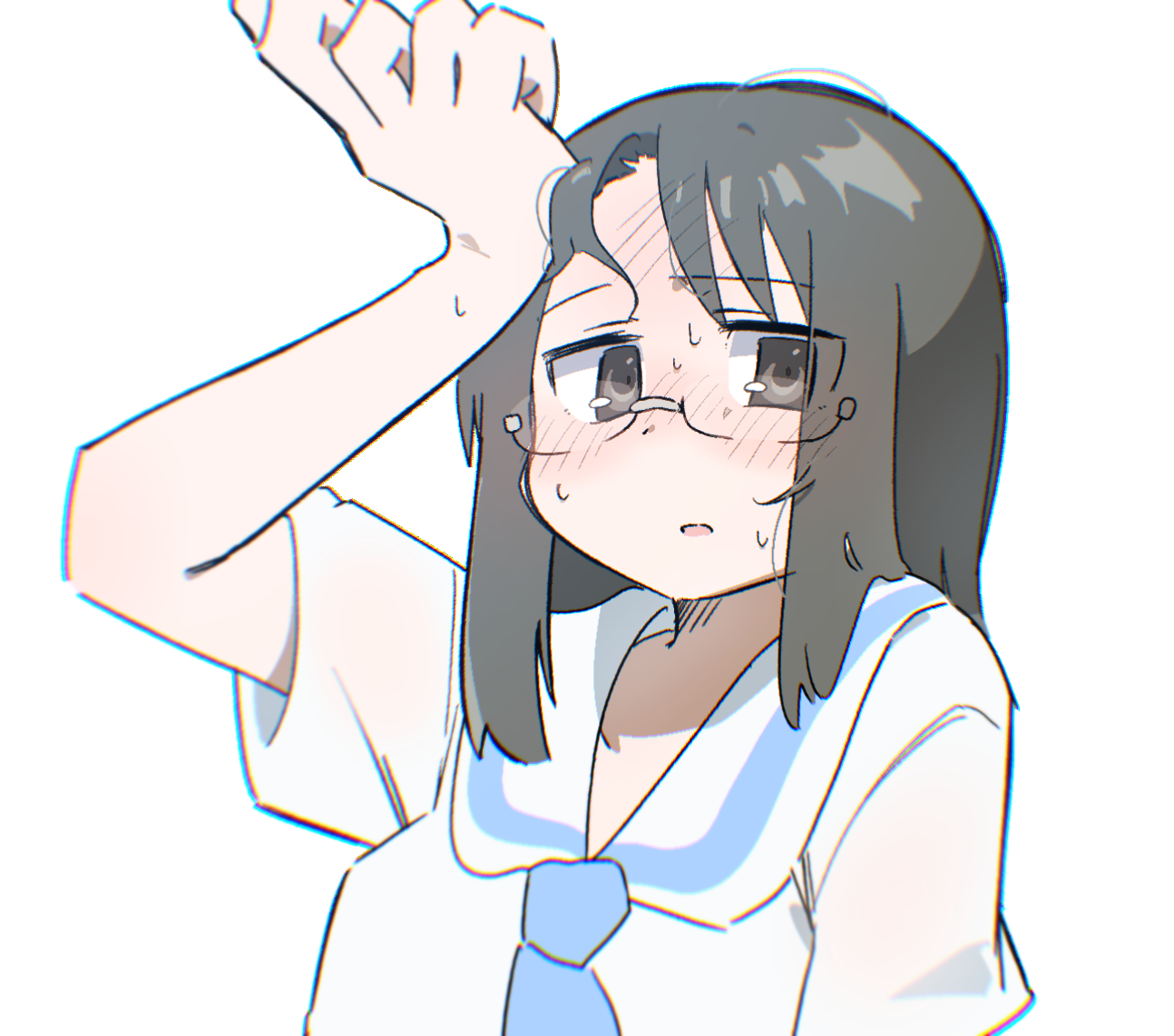 minakami mai, nichijou, 1girl, black hair, blue necktie, blush, brown eyes, chromatic aberration, hand on own head, jitome, long hair, looking at viewer, necktie, open mouth, sailor collar, school uniform, semi-rimless eyewear, shirt, short sleeves, simple background, solo, sweat, upper body, white background, white sailor collar, white shirt, wichimi