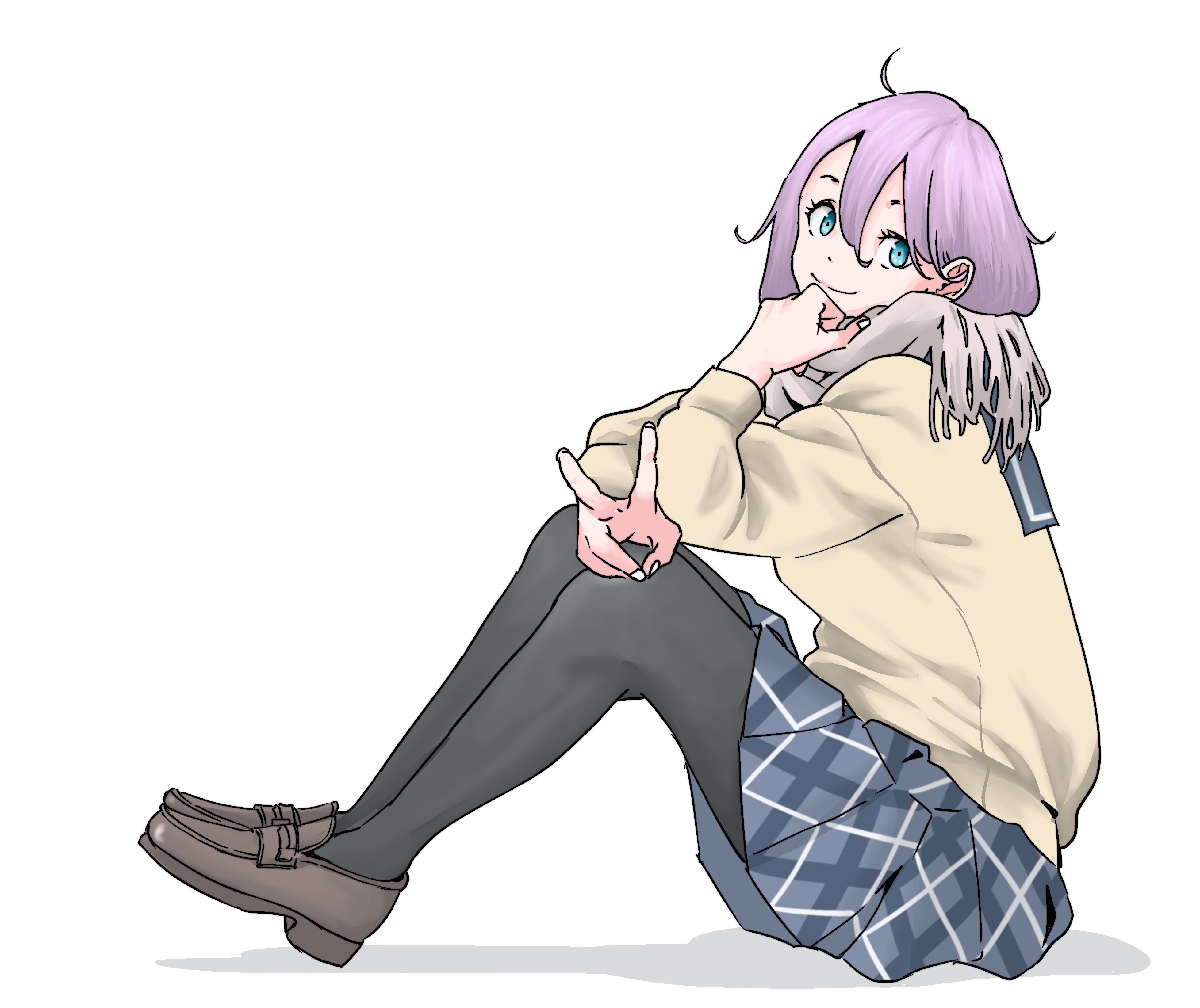 skrmtl, kagamihara nadeshiko, yurucamp, absurdres, highres, 1girl, black pantyhose, blue eyes, from side, grey skirt, hair between eyes, loafers, looking at viewer, motosu school uniform, pantyhose, pink hair, plaid clothes, plaid skirt, pleated skirt, sailor collar, scarf, school uniform, shoes, simple background, sitting, skirt, smile, solo, v, white background