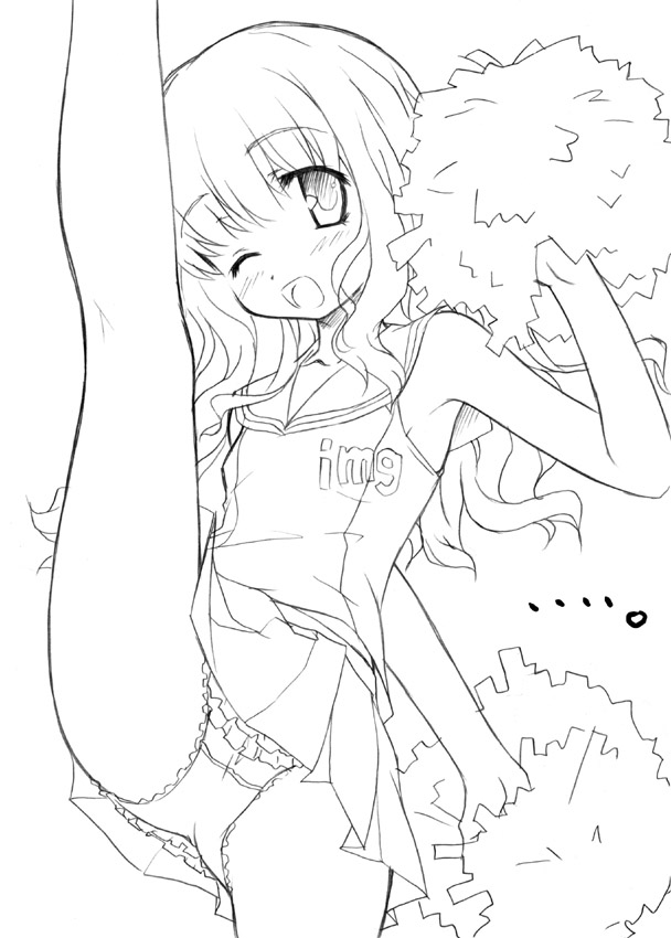 aoi kumiko, futaba channel, character request, 1girl, blouse, blush, cameltoe, cheerleader, clothes writing, female focus, flat chest, flexible, frilled panties, frills, greyscale, high kick, kicking, lace, lace-trimmed panties, lace trim, leg lift, legs, loli, long hair, miniskirt, monochrome, one eye closed, open mouth, panties, pantyshot, petticoat, pleated skirt, pom pom (cheerleading), sailor collar, shirt, skirt, sleeveless, solo, split, standing, standing on one leg, standing split, underwear, upskirt, vest, wink