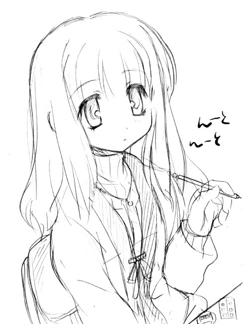 aoi kumiko, copyright request, 1girl, blush, female focus, greyscale, long sleeves, looking at viewer, monochrome, neckerchief, sailor collar, school uniform, serafuku, shirt, simple background, solo, tareme, white background
