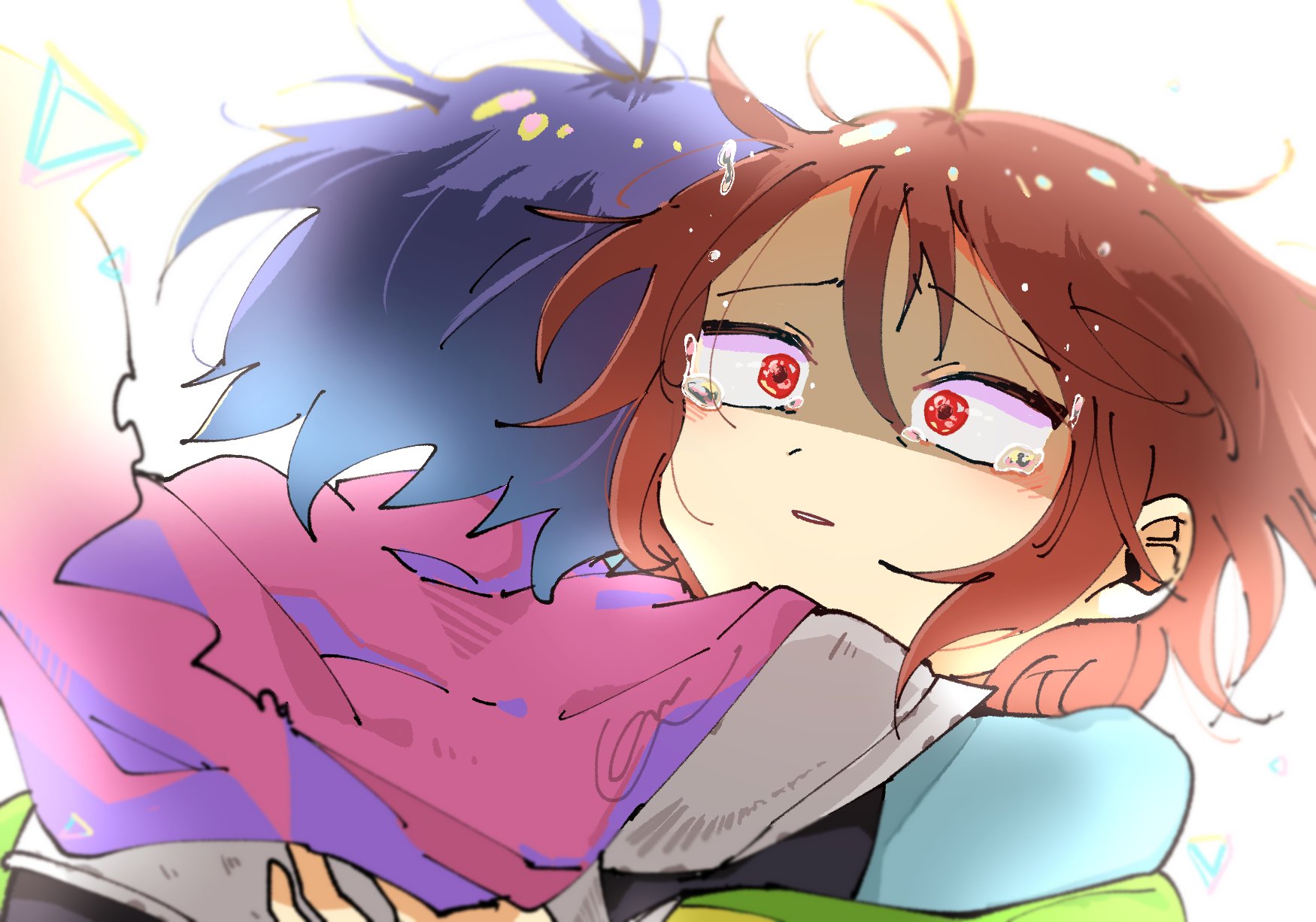 koeru (hakodream), kris (dark world) (deltarune), kris (deltarune), deltarune, utdr (toby fox), commentary request, highres, 2others, blue hair, blue skin, brown hair, cape, colored skin, dual persona, hug, multiple others, pink cape, red eyes, short hair, tears
