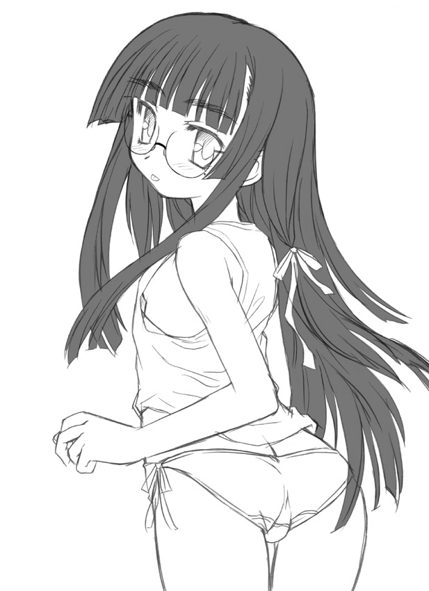aoi kumiko, original, 1girl, :p, ass, bare shoulders, blouse, blush, breasts, cowboy shot, female focus, glasses, greyscale, long hair, monochrome, panties, round eyewear, shirt, side-tie panties, sideboob, simple background, sleeveless, sleeveless shirt, solo, tank top, tongue, tongue out, underwear, white background