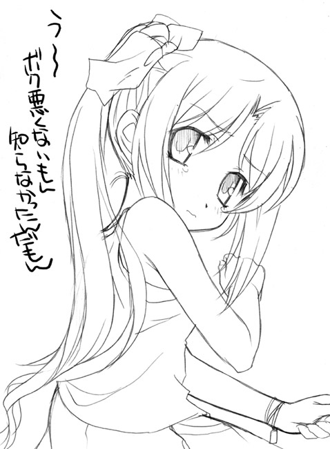 aoi kumiko, original, translation request, 1girl, blush, bow, closed mouth, female focus, frown, greyscale, hair bow, lineart, long hair, long sleeves, monochrome, ponytail, solo, upper body