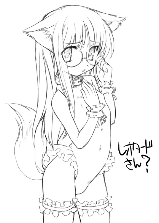 aoi kumiko, original, translation request, 1girl, animal ears, cat ears, cat tail, collar, covered erect nipples, female focus, flat chest, glasses, greyscale, kittysuit, leotard, loli, monochrome, nontraditional playboy bunny, solo, tail