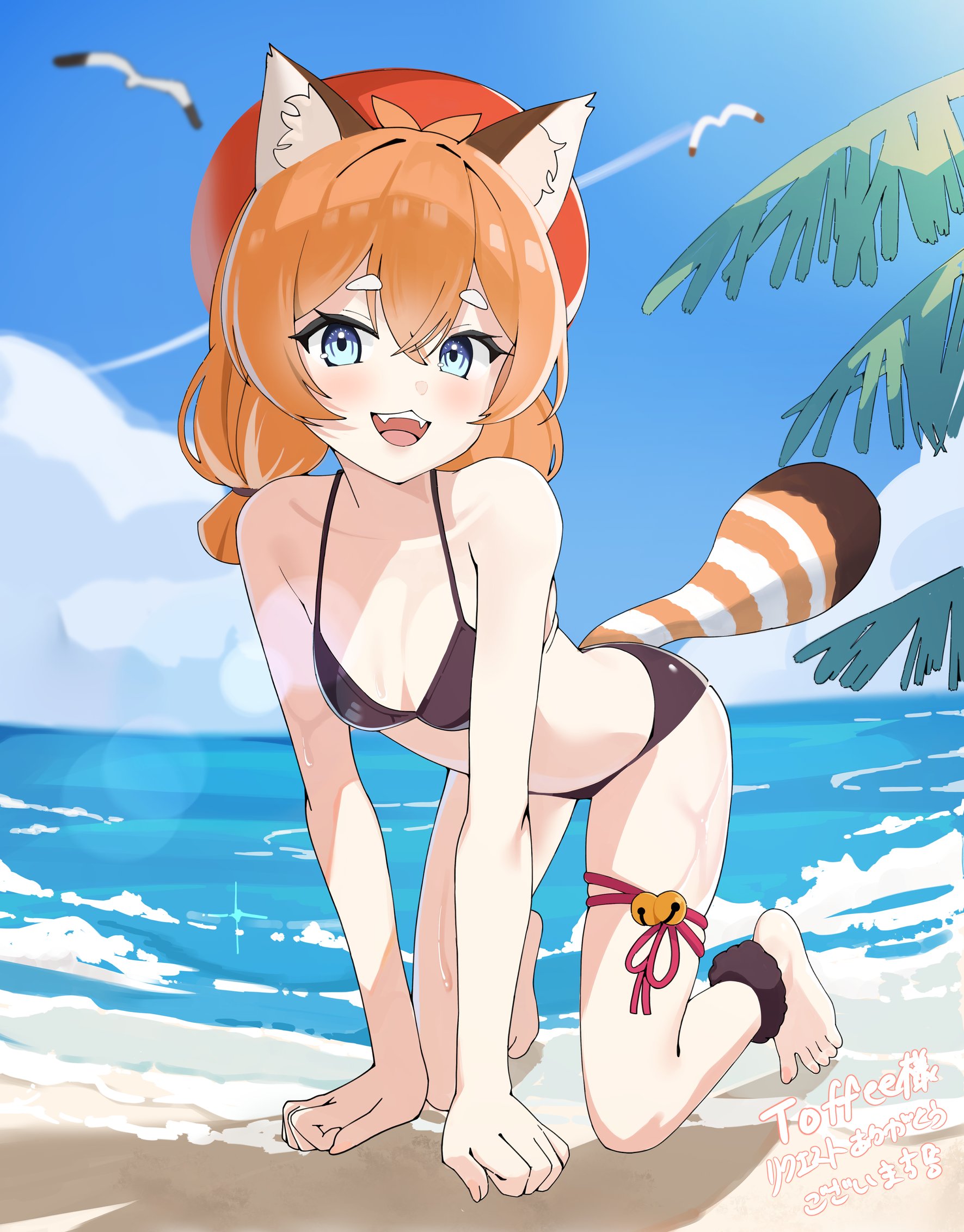 kagemoe1003, indie virtual youtuber, commentary, english commentary, highres, second-party source, 1girl, :3, :d, all fours, animal ears, antenna hair, bell, beret, bikini, bird, black bikini, blue eyes, blush, breasts, character name, cloud, day, full body, hair between eyes, hat, jingle bell, lens flare, looking at viewer, open mouth, orange hair, outdoors, panda ears, panda girl, panda tail, plant, red hat, shadow, short twintails, small breasts, smile, solo, sparkle, swimsuit, thick eyebrows, toffee vt, twintails, water, waves, wet