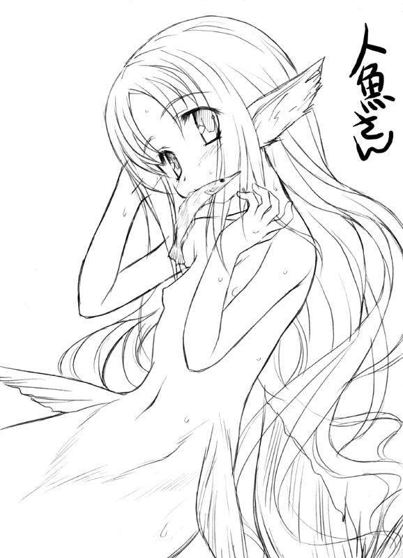aoi kumiko, original, translation request, 1girl, breasts, female focus, fins, fish, food, greyscale, head fins, head tilt, long hair, looking at viewer, mermaid, monochrome, monster girl, mouth hold, nipples, nude, small breasts, solo, very long hair, wet