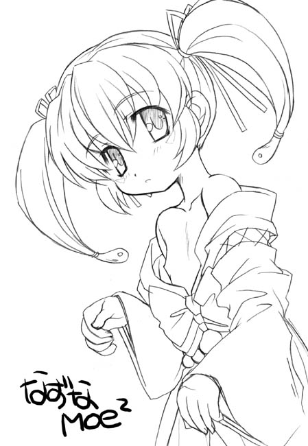 aoi kumiko, nazuna (onmyou taisenki), souma nazuna, onmyou taisenki, translation request, 00s, 1girl, bare shoulders, bow, character name, female focus, flat chest, greyscale, hair ribbon, japanese clothes, lineart, loli, looking at viewer, miko, monochrome, off shoulder, ribbon, simple background, solo, twintails, white background, wide sleeves