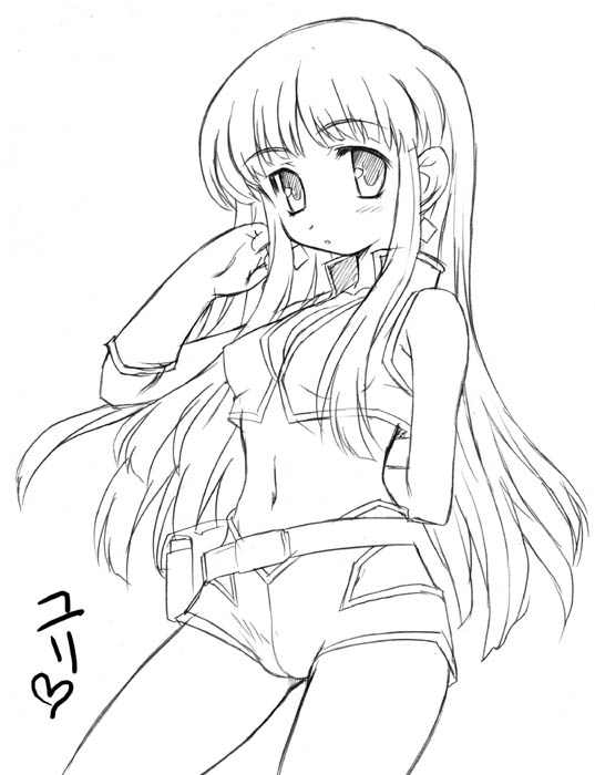aoi kumiko, yuri (dirty pair), dirty pair, eyebrows, 1980s (style), 1girl, bag, bare shoulders, cameltoe, contrapposto, female focus, greyscale, handbag, loli, long hair, looking at viewer, midriff, monochrome, navel, oldschool, retro artstyle, short shorts, shorts, simple background, solo, standing, stomach, vest, white background