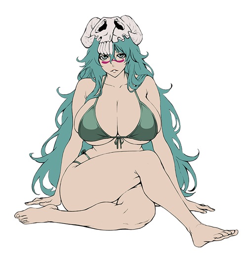 yxyyxy, nelliel tu odelschwanck, bleach, ai-assisted, unfinished, bare shoulders, barefoot, bikini, breasts, collarbone, crossed legs, espada, facial mark, female focus, green eyes, green hair, large breasts, long hair, looking at viewer, mask, mask on head, parted lips, skull on head, solo, solo focus, swimsuit, thighs