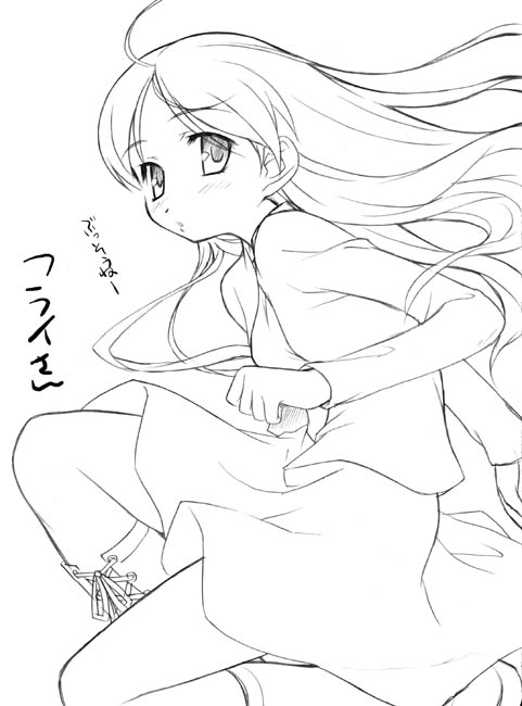 aoi kumiko, copyright request, translation request, 1girl, ahoge, blush, boots, female focus, from side, greyscale, jacket, kneehighs, long hair, long sleeves, looking at viewer, looking to the side, monochrome, simple background, skirt, socks, solo, text focus, very long hair, white background