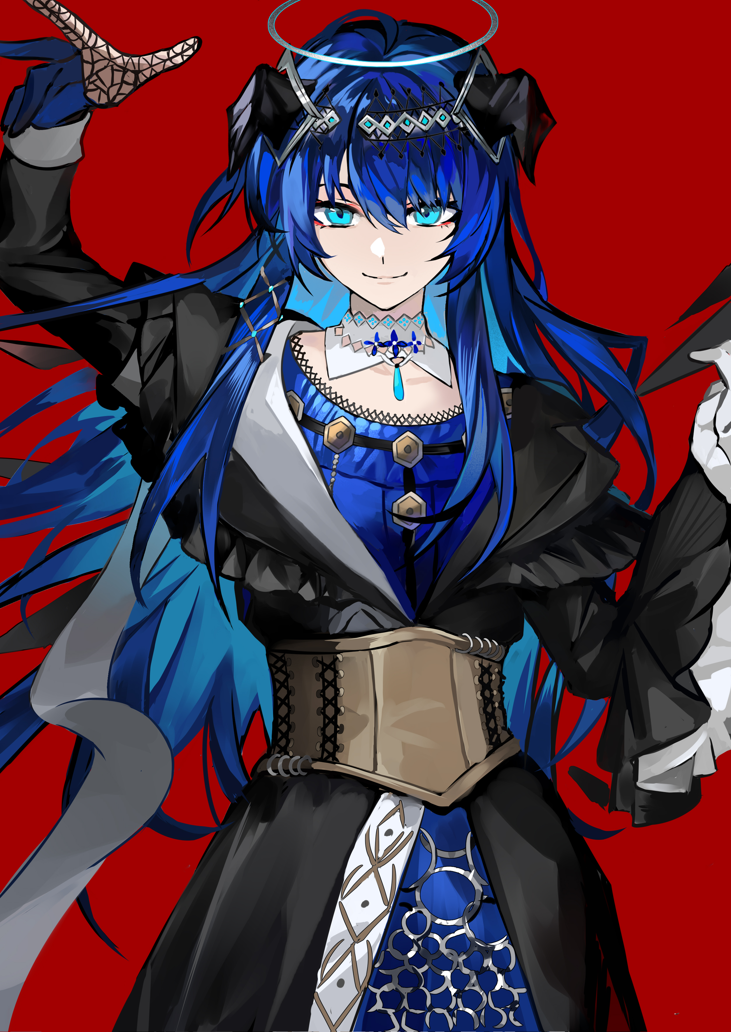 shiro (acheng), mostima (arknights), mostima (ethereal harmony) (arknights), ambience synesthesia, arknights, absurdres, commentary, hashtag-only commentary, highres, 1girl, black horns, black robe, blue dress, blue eyes, blue gloves, blue hair, cowboy shot, detached collar, dress, gloves, halo, horns, long hair, long sleeves, looking at viewer, official alternate costume, partially fingerless gloves, red background, robe, simple background, smile, solo