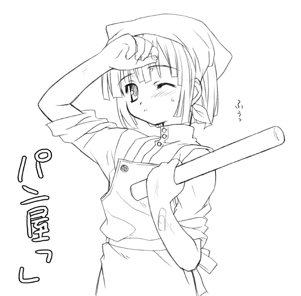 aoi kumiko, eyebrows, copyright request, translation request, 1girl, ;o, apron, arm up, bandana, blush, female focus, greyscale, holding, long sleeves, monochrome, one eye closed, parted lips, sleeves pushed up, solo, standing, sweatdrop, sweater