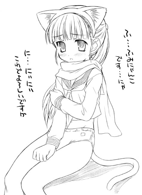 aoi kumiko, copyright request, translation request, animal ears, cat ears, cat tail, greyscale, monochrome, panties, school uniform, serafuku, solo, tail, underwear