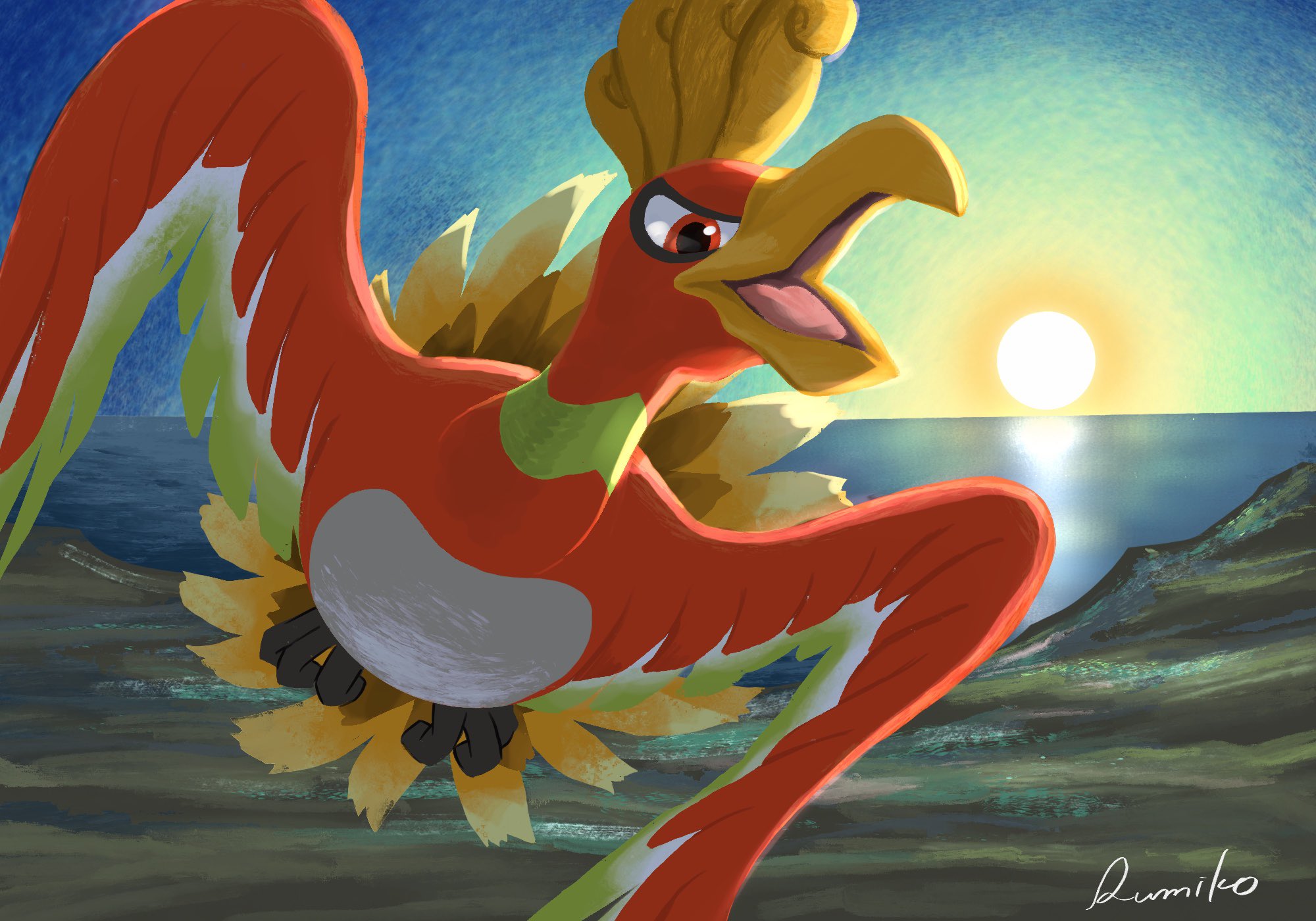 rumiko (vertlapin96), ho-oh, nintendo, pokemon, highres, animal focus, beak, bird, blue sky, flying, gen 2 pokemon, legendary pokemon, no humans, ocean, open mouth, outdoors, pokemon (creature), pokemon focus, red eyes, sky, sunrise, water, wings