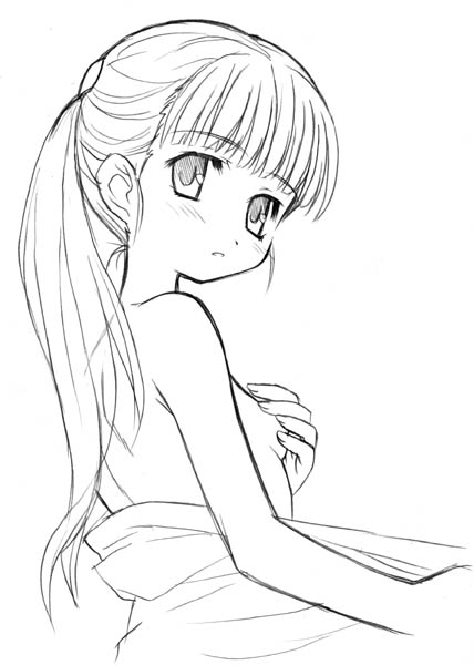 aoi kumiko, mako-hime, real life, 1girl, blush, breasts, covering privates, female focus, greyscale, long hair, monochrome, open mouth, ponytail, real life insert, simple background, solo, topless female, topless frame, upper body