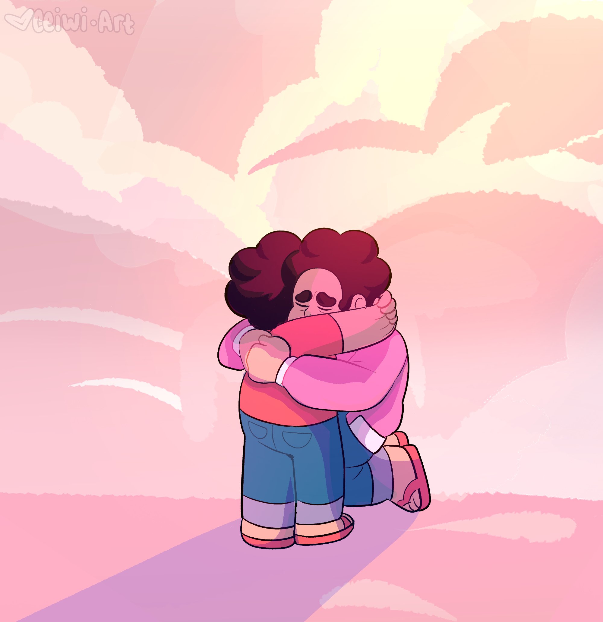 ceiwidraws, steven quartz universe, steven universe, commentary, hashtag-only commentary, highres, 2boys, black hair, closed eyes, cloud, denim, dual persona, flip-flops, hug, jacket, kneeling, male focus, multiple boys, pink jacket, red shirt, red shoes, sandals, shirt, shoes, short hair, signature