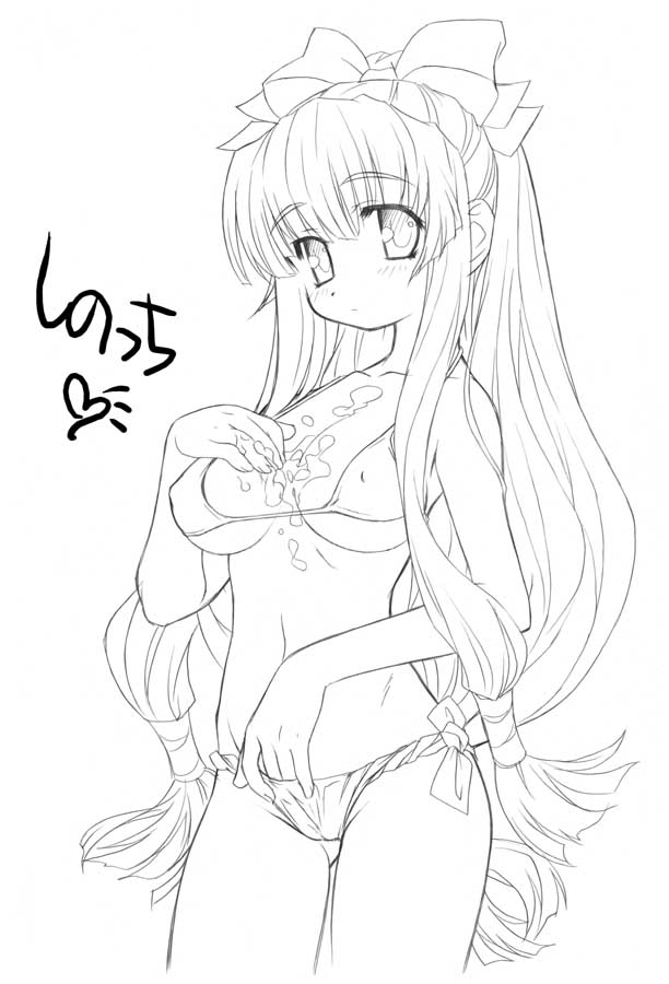 aoi kumiko, yamagami shino, final romance 4, taisen mahjong final romance 4, translation request, 1girl, bikini, female focus, fundoshi, greyscale, japanese clothes, lineart, monochrome, solo, swimsuit