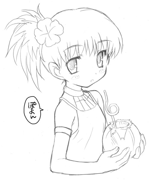 aoi kumiko, eyebrows, copyright request, translation request, 1girl, closed mouth, expressionless, female focus, greyscale, holding, lineart, looking at viewer, monochrome, ponytail, short hair, simple background, solo, speech bubble, talking, text focus, upper body, white background