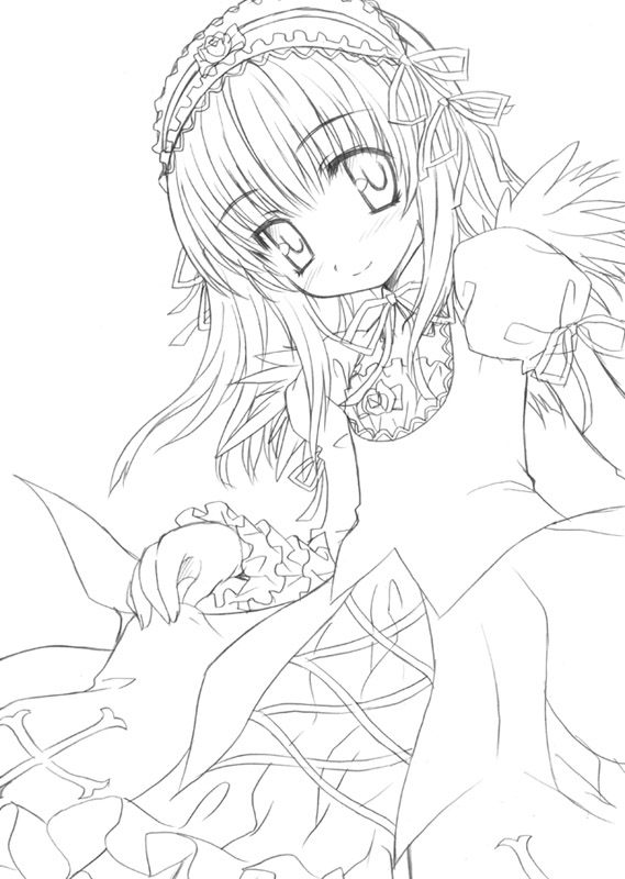 aoi kumiko, suigintou, rozen maiden, 00s, 1girl, cowboy shot, cross-laced clothes, dress, female focus, frilled sleeves, frills, greyscale, hairband, juliet sleeves, lolita hairband, long sleeves, looking at viewer, monochrome, puffy long sleeves, puffy sleeves, simple background, solo, white background