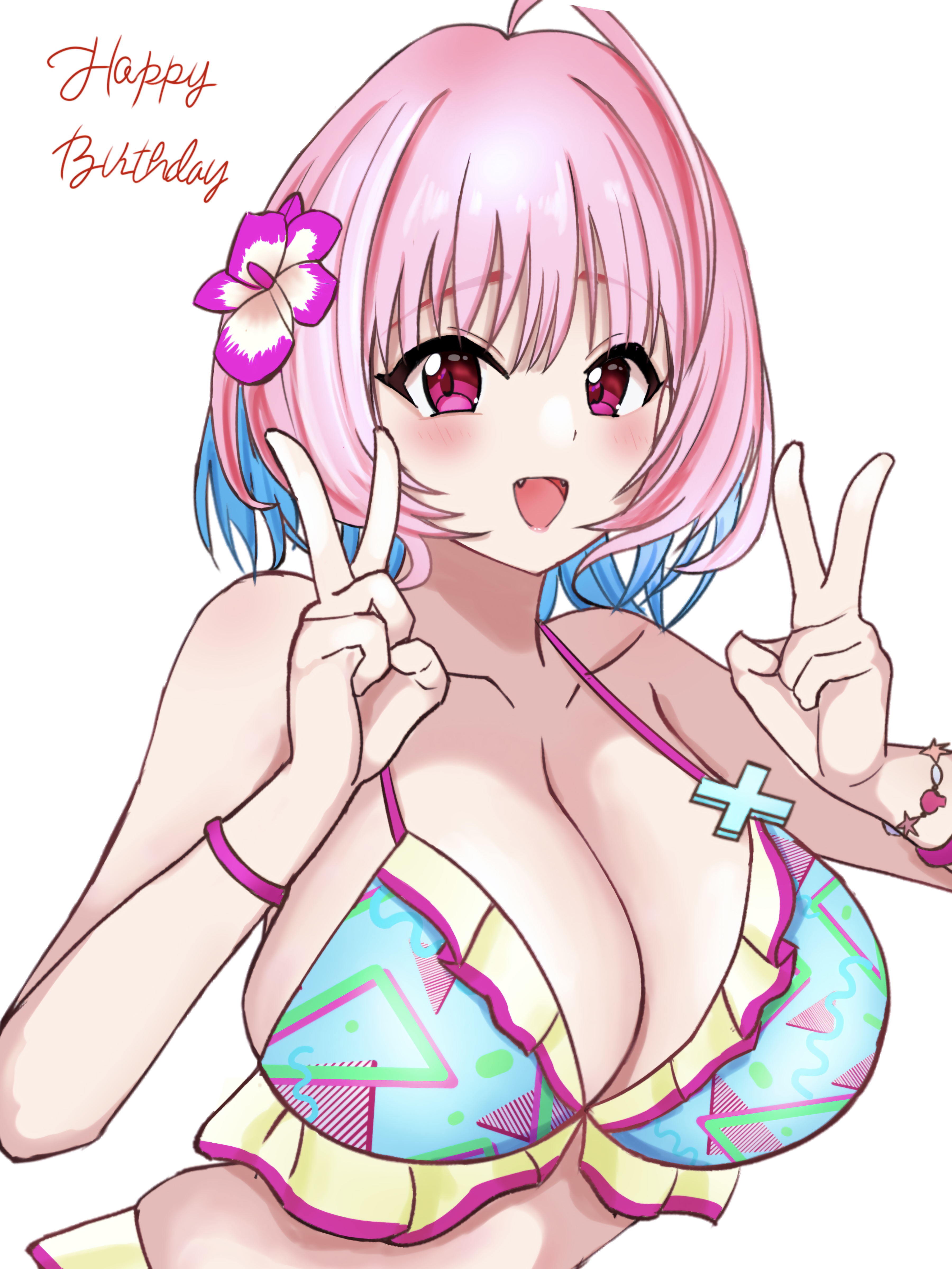 yumemi riamu, idolmaster, idolmaster cinderella girls, idolmaster cinderella girls starlight stage, absurdres, highres, 1girl, advan gt, ahoge, aqua bikini, bare shoulders, bikini, blue hair, blush, bracelet, breasts, collarbone, colored inner hair, double v, fanged bangs, fangs, flower, frilled bikini, frills, hair flower, hair ornament, happy birthday, hibiscus, huge breasts, jewelry, looking at viewer, medium hair, multicolored hair, open mouth, pink eyes, pink flower, pink hair, pink lips, simple background, smile, solo, swimsuit, triangle print, two-tone hair, v, white background, wristband