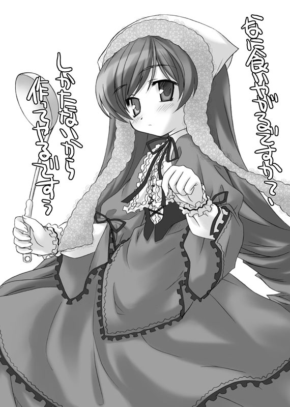 aoi kumiko, suiseiseki, rozen maiden, translation request, 00s, greyscale, ladle, long hair, monochrome, solo, very long hair