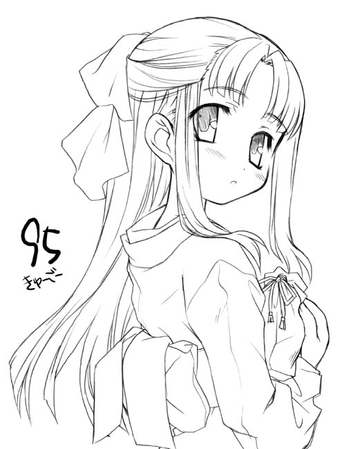 aoi kumiko, 95-tan, os-tan, eyebrows, 1girl, bow, female focus, from behind, greyscale, half updo, holding, japanese clothes, kimono, long sleeves, looking at viewer, looking back, monochrome, parted bangs, sash, simple background, solo, upper body, white background