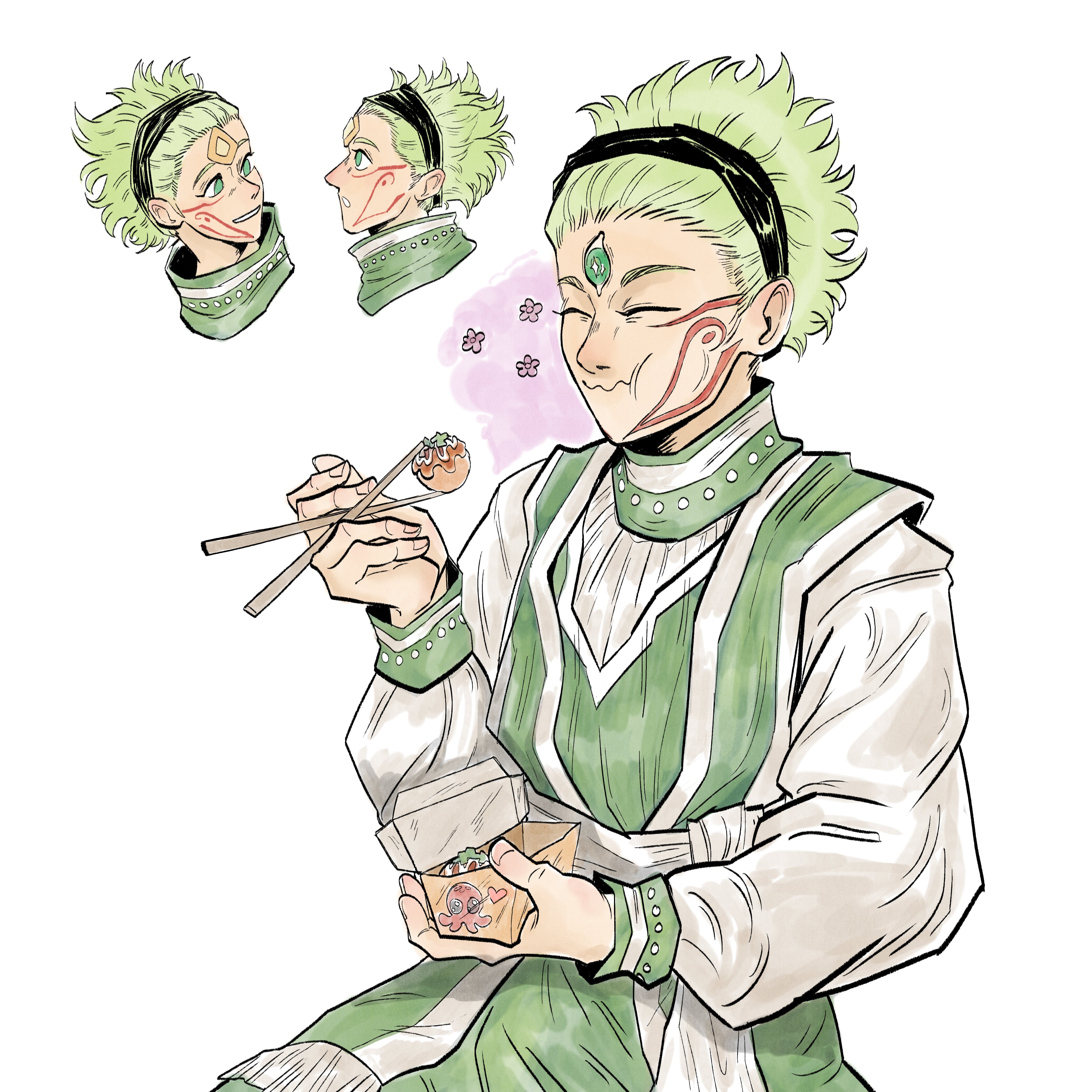 absurdres, commentary, english commentary, highres, 1boy, chopsticks, closed eyes, closed mouth, eating, facial mark, green eyes, green hair, hairband, holding, holding chopsticks, long sleeves, male focus, marulu val vol yelvori, mojuro, multiple views, sailorpaintx, simple background, third eye, upper body, white background