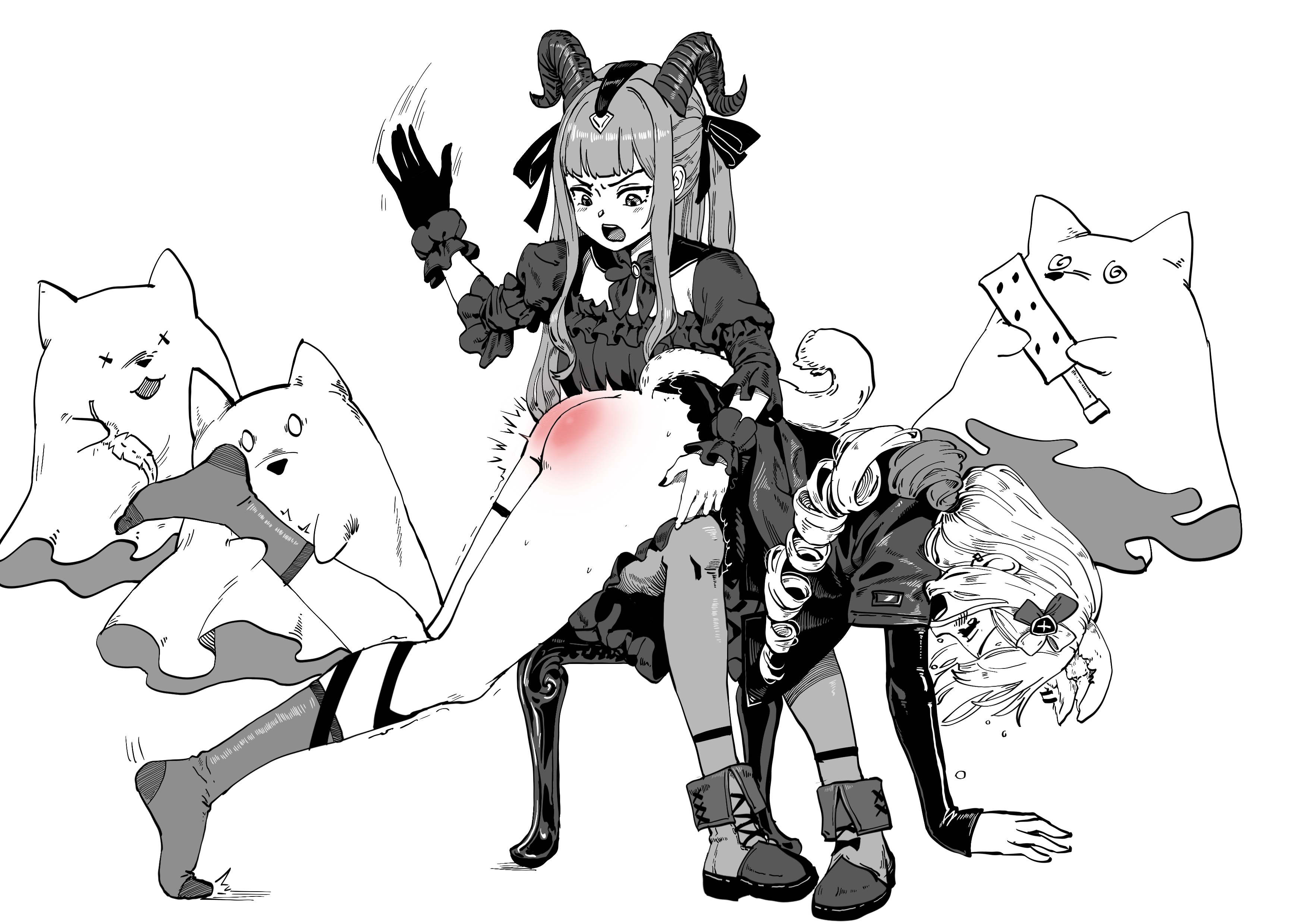 togawa sakiko, arknights, bang dream!, bang dream! it's mygo!!!!!, absurdres, chinese commentary, commentary request, highres, unfinished, variant set, 0 0, 2girls, @ @, angry, animal ear fluff, animal ear piercing, animal ears, ankle boots, anklet, ass, bdsm, blunt bangs, boots, bottomless, bow, bowtie, brooch, closed mouth, crossover, curled horns, demon girl, demon horns, dress, drill hair, ear piercing, feathers, floating, fold-over boots, frilled dress, frilled gloves, frilled sleeves, frilled wrist cuffs, frills, full body, furrowed brow, gloves, hair ornament, hair ribbon, hand on floor, holding, holding feather, holding paddle, horns, jewelry, knees together feet apart, lace-up boots, layered sleeves, leg hold, leg up, light blush, long hair, long sidelocks, long sleeves, looking down, low drills, low ponytail, medium dress, morpheus (arknights), motion lines, multiple girls, multiple piercings, no shoes, on stool, open mouth, over the knee, paddle, pain, pantyhose, piercing, pigeon-toed, ponytail, puffy short sleeves, puffy sleeves, ribbon, shin strap, short over long sleeves, short sleeves, sidelocks, simple background, single drill, single glove, single wrist cuff, sitting, sleeves past wrists, socks, spanked, spanking, square neckline, stool, story in commentary, sweat, tail, tears, thigh strap, tickle torture, tickling, tickling feet, tiptoes, togawa sakiko (master of melodia), twitching, two-handed, two side up, v-shaped eyebrows, very long hair, white background, wrist cuffs, x hair ornament, x x, young fun, yuri