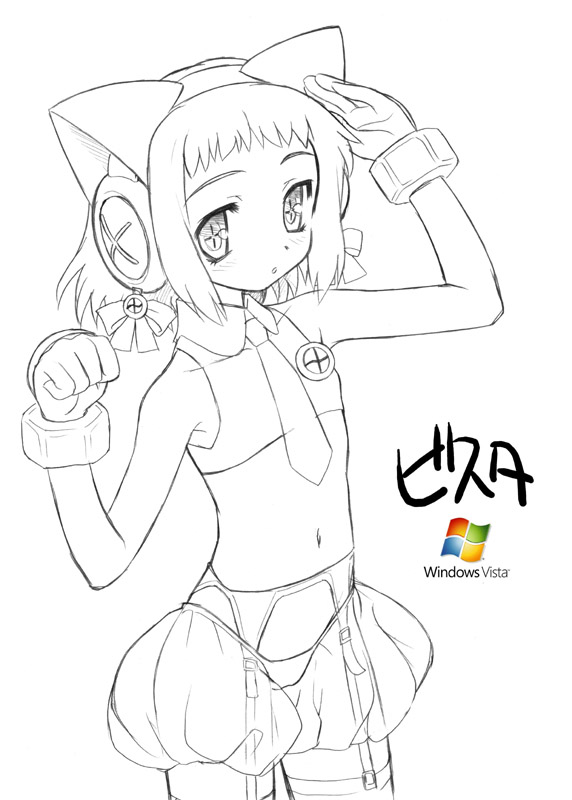 aoi kumiko, vista-tan, os-tan, 1girl, bow, bracelet, cowboy shot, female focus, flat chest, greyscale, hair bow, headphones, jewelry, loli, looking at viewer, midriff, monochrome, navel, panties, ponytail, puffy pants, revealing clothes, salute, simple background, solo, standing, stomach, underwear, white background
