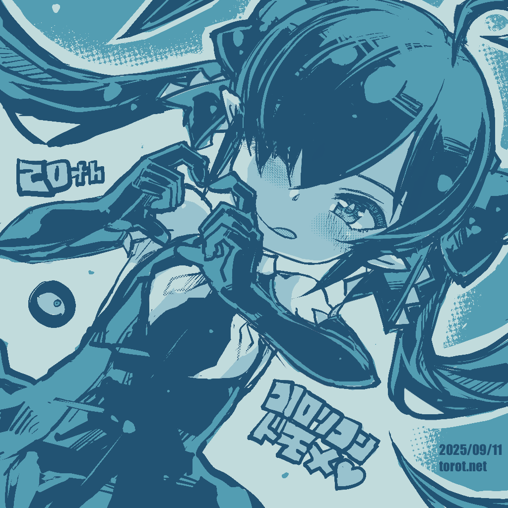 torotei, backbeako (torotei), backbeard, gegege no kitarou, original, commentary, paid reward available, translated, 1girl, ;p, ahoge, bare shoulders, birthday, blue background, blue theme, blush, closed mouth, dated, dated commentary, dress, dutch angle, elbow gloves, gloves, hair over one eye, hair ribbon, heart, heart hands, kono lolicon domome, long hair, looking at viewer, monochrome, neckerchief, one eye closed, pointy ears, ribbon, simple background, sleeveless, sleeveless dress, smile, solo, tongue, tongue out, twintails, two-tone background, upper body, very long hair, watermark, web address, white background