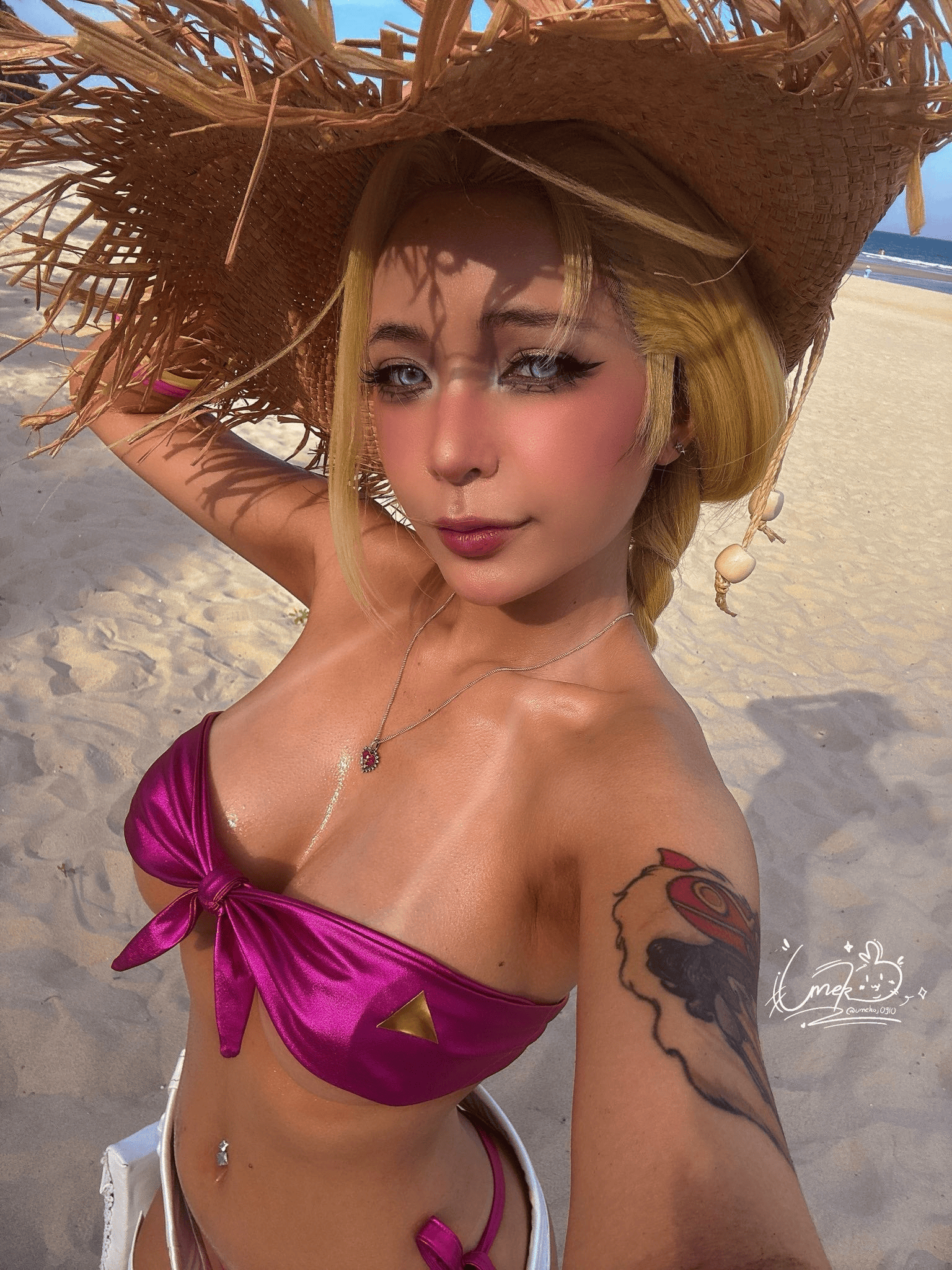 umeko j, umekojcosplayer, cammy white, capcom, real life, street fighter, street fighter 6, cosplay photo, highres, photo (medium), 1girl, artist name, bikini, blonde hair, breasts, cammy white (cosplay), closed mouth, cosplay, female focus, hat, looking at viewer, medium breasts, official alternate costume, outdoors, pink bikini, smile, solo, straw hat, swimsuit