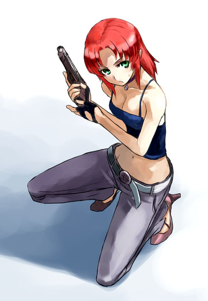 adachi yousuke, petrushka, gunslinger girl, 00s, 1girl, belt, camisole, denim, female focus, fingerless gloves, gloves, gun, handgun, high heels, jeans, pants, pistol, red hair, shoes, solo, weapon
