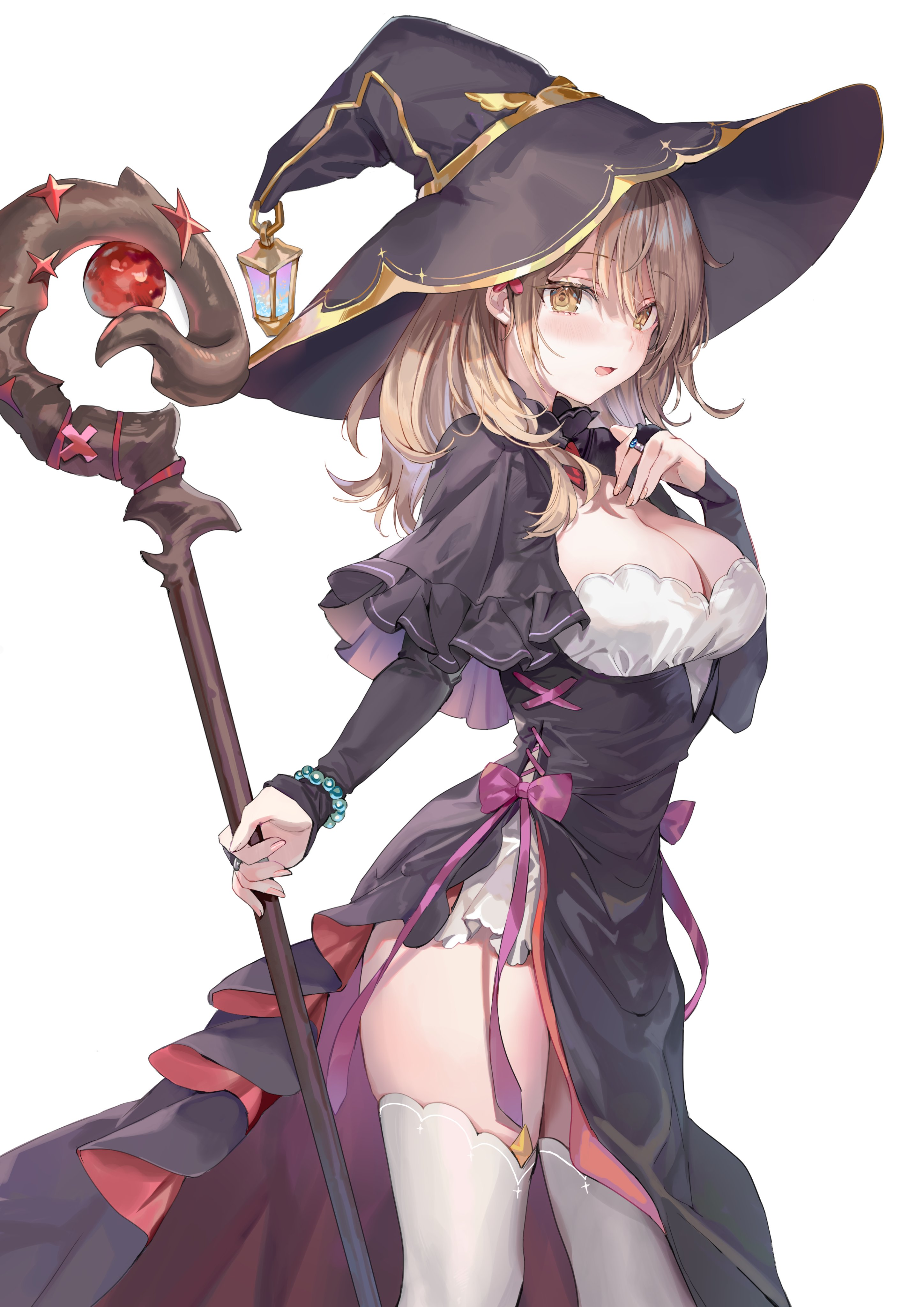 momoko (momopoco), mariya mikhailovna kujou, tokidoki bosotto roshia-go de dereru tonari no alya-san, absurdres, highres, official art, 1girl, black capelet, black dress, black hat, black skirt, blush, bow, breasts, brown eyes, brown hair, capelet, cleavage, dot nose, dress, female focus, hat, holding, holding staff, jewelry, kneehighs, large breasts, legs, long hair, long skirt, long sleeves, looking at viewer, magic staff, miniskirt, open mouth, purple bow, purple ribbon, ribbon, ring, simple background, skirt, socks, solo, solo focus, staff, staff (weapon), thighhighs, thighs, thighs focus, white background, white skirt, white thighhighs, witch, witch hat, wooden staff, zettai ryouiki