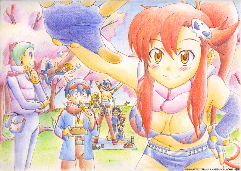 kamina (ttgl), kinon bachika, kittan bachika, kiyal bachika, kiyoh bachika, leeron littner, simon (ttgl), yoko littner, tengen toppa gurren lagann, 00s, 4boys, 4girls, aqua hair, armpits, bare shoulders, belt, bent over, bikini, bikini top only, blue hair, blue sky, breasts, brown eyes, buckle, cherry blossoms, closed mouth, day, downblouse, eyeshadow, fingerless gloves, formal clothes, gainaxtop, gloves, hair ornament, long hair, looking at viewer, makeup, medium breasts, midriff, multiple boys, multiple girls, muscular, navel, nipples, outdoors, outstretched arm, plant, ponytail, red hair, short shorts, shorts, skull hair ornament, sky, smile, standing, stomach, suit, swimsuit, tattoo, topless female, topless male, tree