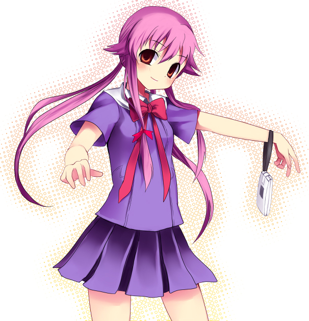 subaru (yachika), gasai yuno, mirai nikki, 1girl, blush, cellphone, cellphone strap, female focus, hair ribbon, looking at viewer, phone, pink hair, red eyes, red ribbon, ribbon, school uniform, serafuku, simple background, solo, twintails