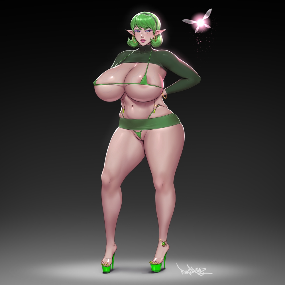 pinkdrawz, saria (zelda), nintendo, areola slip, braid, breasts, cutoffs, green hair, high heels, huge breasts, large breasts, mature female, midriff, miniskirt, seductive gaze, short hair, skirt, thick thighs, thighs