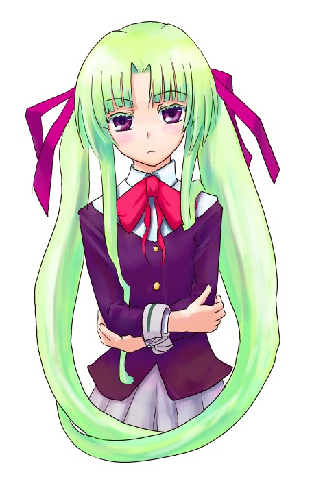 daizan (mount position), eyebrows, 1girl, blazer, bow, bowtie, buttons, closed mouth, cowboy shot, crossed arms, expressionless, female focus, green hair, grey skirt, jacket, long hair, long sleeves, looking at viewer, pleated skirt, purple eyes, red bow, red bowtie, school uniform, serafuku, simple background, skirt, solo, twintails, white background