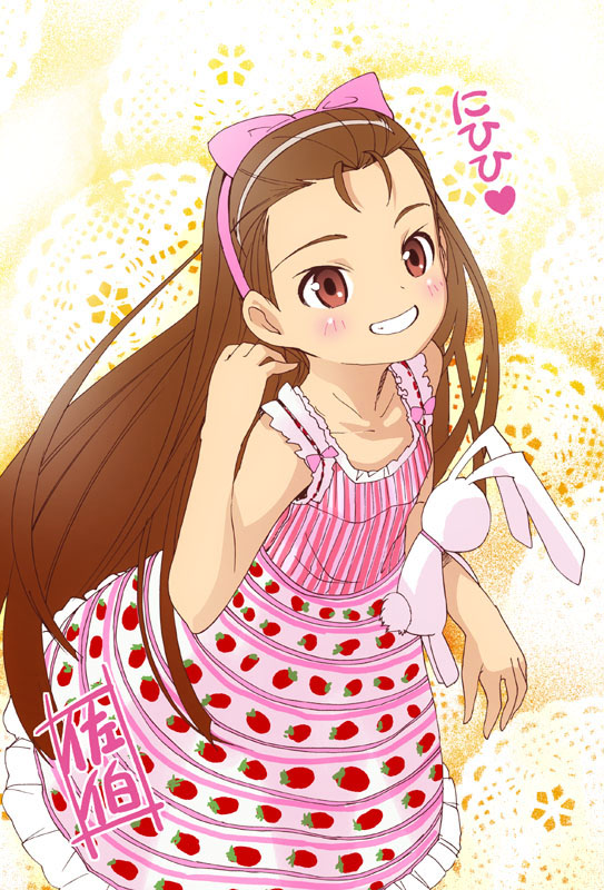 saeki tatsuya, minase iori, idolmaster, idolmaster (classic), idolmaster 1, 00s, 1girl, :d, antenna hair, bare shoulders, bow, brown hair, collarbone, cowboy shot, dress, female focus, food print, fruit print, grin, hair bow, hairband, holding, long hair, open mouth, pink bow, pink dress, red eyes, sleeveless, sleeveless dress, smile, solo, strawberry print, stuffed animal, stuffed rabbit, stuffed toy, sundress, teeth, very long hair