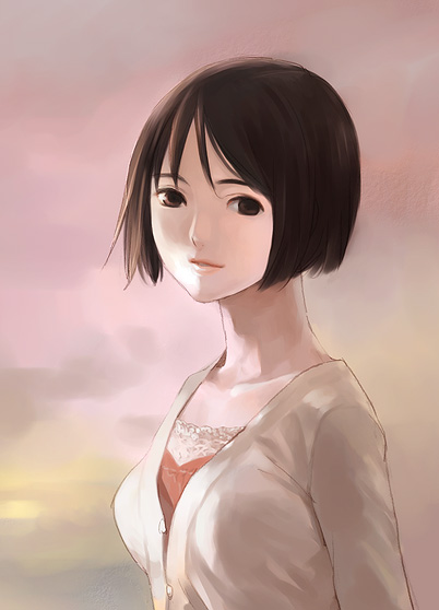 ariko, original, light, 1girl, bob cut, brown eyes, brown hair, cardigan, closed mouth, collarbone, female focus, lips, long sleeves, mannen take, portrait, shade, short hair, smile, solo, upper body