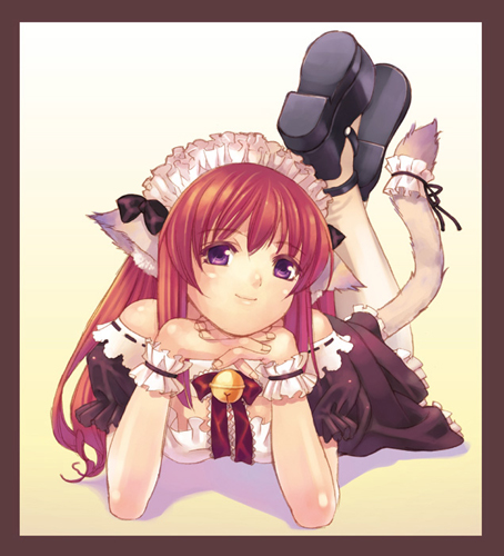 hirano katsuyuki, lowres, animal ears, bare shoulders, cat ears, long hair, maid, purple eyes, red hair, tail