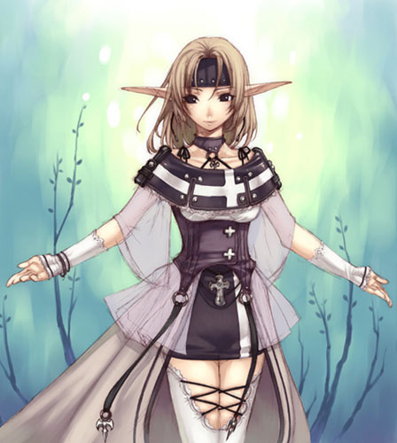 hirano katsuyuki, lowres, 1girl, corset, cowboy shot, cross, cross print, elf, fantasy, female focus, halterneck, plant, pointy ears, see-through clothes, solo, thighhighs, white thighhighs