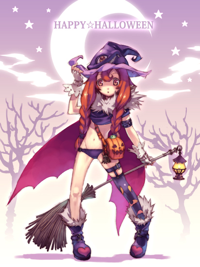 hirano katsuyuki, 1girl, asymmetrical clothes, boots, braid, broom, brown eyes, brown hair, cape, female focus, hair over shoulder, halloween, happy halloween, hat, lantern, long hair, panties, print thighhighs, purple background, single thighhigh, solo, thighhighs, twin braids, twintails, underwear, witch hat