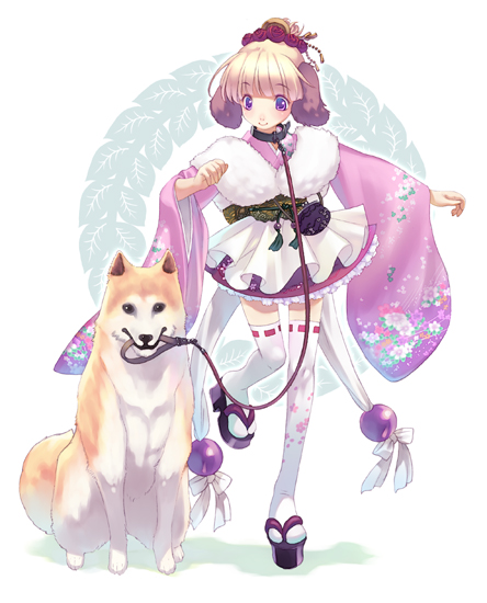 hirano katsuyuki, 1girl, animal ears, dog, dog ears, female focus, japanese clothes, kimono, kimono skirt, leash, okobo, platform sandals, role reversal, sandals, shiba inu, solo, tabi, thighhighs, zettai ryouiki