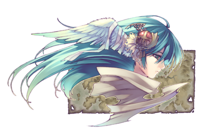 hirano katsuyuki, lenneth valkyrie, valkyrie profile (series), 1girl, fantasy, feathers, female focus, green hair, helmet, long hair, solo, valkyrie, very long hair