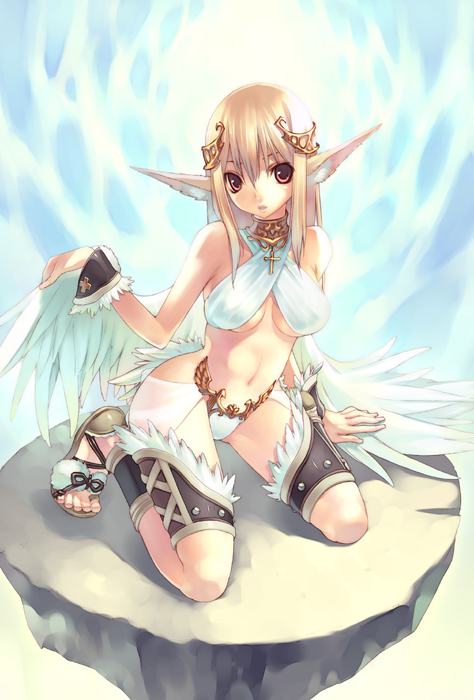 hirano katsuyuki, original, source request, 1girl, blonde hair, elf, fantasy, female focus, halterneck, harpy, kneeling, monster girl, pointy ears, red eyes, solo, wings