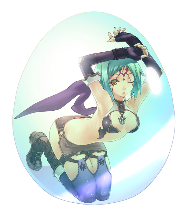 hirano katsuyuki, tagme, arched back, armpits, blue thighhighs, boots, brown boots, elbow gloves, facial tattoo, fantasy, full body, gloves, halterneck, knees together feet apart, legwear garter, no panties, revealing clothes, simple background, solo, tattoo, thighhighs, white background