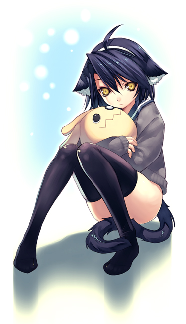 hirano katsuyuki, animal ears, cat ears, cat tail, doll, no panties, school uniform, serafuku, solo, stuffed animal, stuffed toy, tail, thighhighs