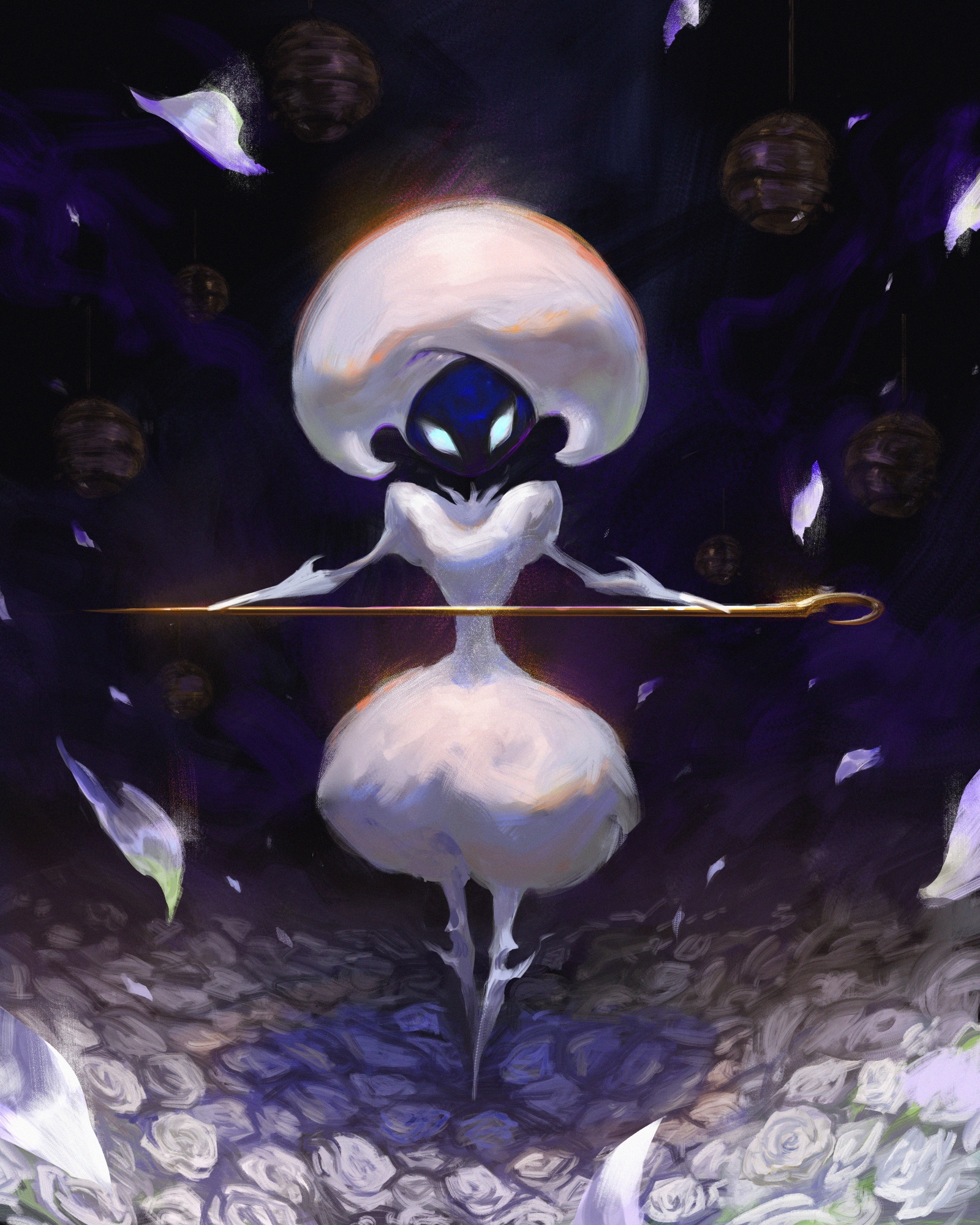 caio santos, lace (hollow knight), hollow knight, hollow knight: silksong, highres, 1girl, dress, falling petals, flower, full body, looking at viewer, petals, solo, standing, white dress, white flower, white hair, white petals