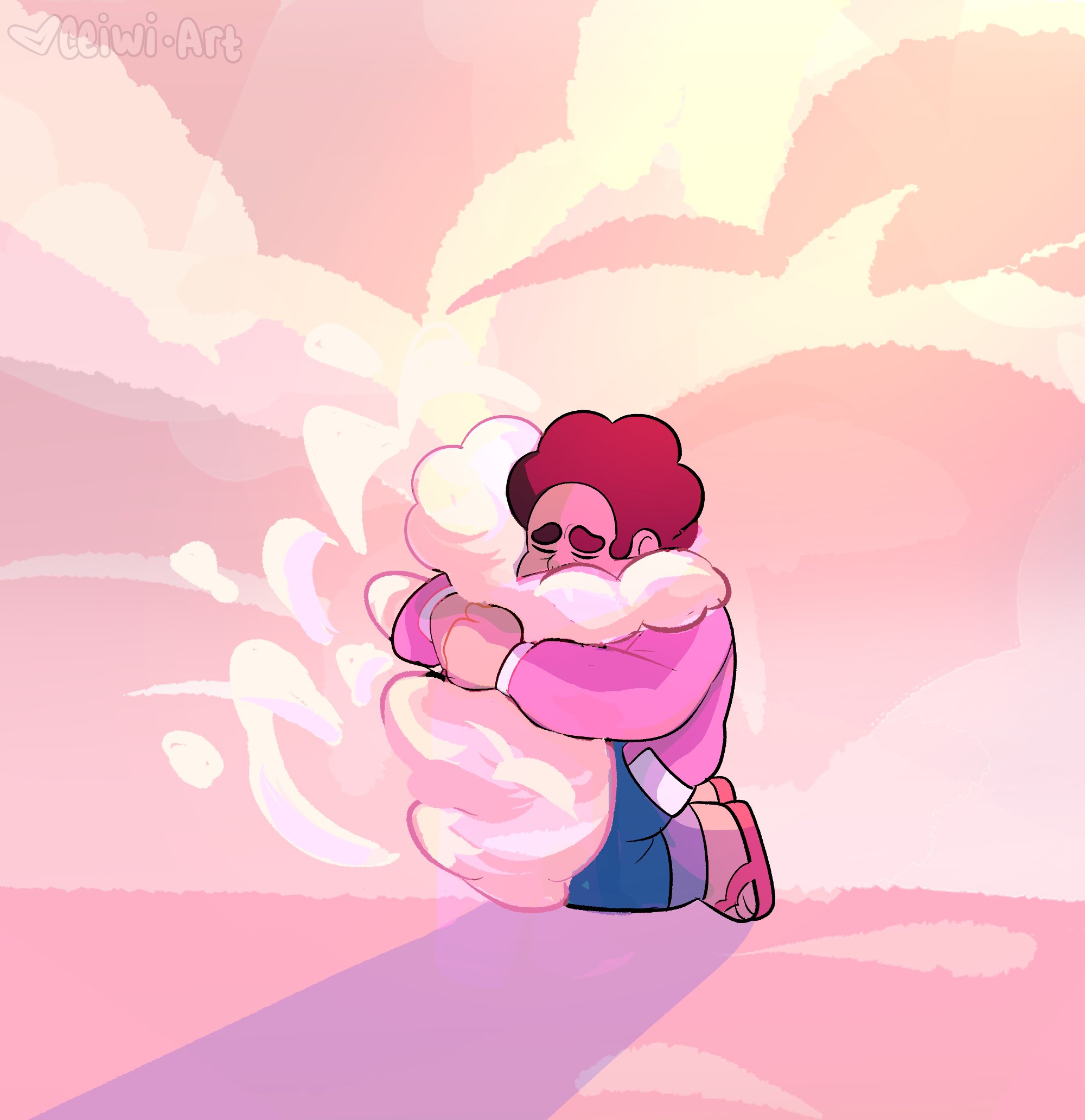 ceiwidraws, steven quartz universe, steven universe, commentary, hashtag-only commentary, highres, 1boy, black hair, closed eyes, cloud, denim, flip-flops, hug, jacket, kneeling, male focus, pink jacket, red shoes, sandals, shoes, short hair, signature